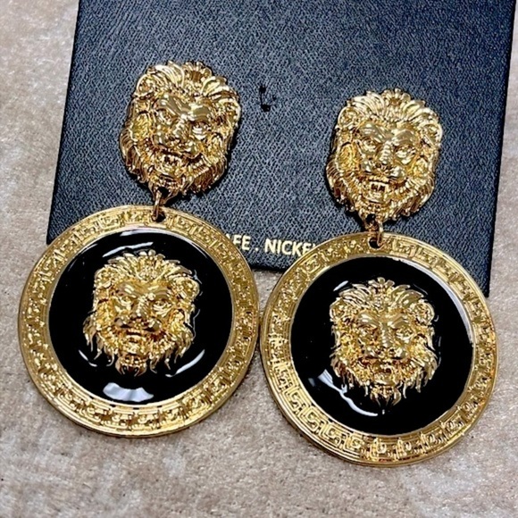 Brand New House of Harlow 1960 Lion Head Gold Tone Black Statement Drop Earring - Picture 5 of 14